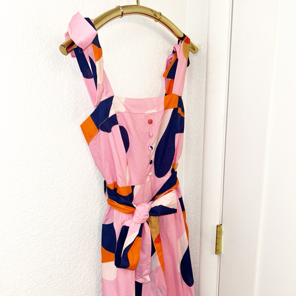 CIEBON The Roma 💯 Cotton Belted Maxi Dress Tie Straps Pink Abstract SZ: Small - Picture 5 of 15
